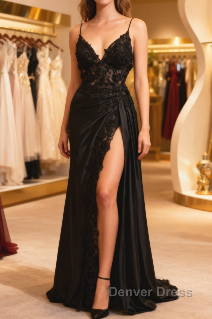 Black Satin With Lace V-Neckline With Leg Slit Prom Dresses, Black Prom Dresses Main image