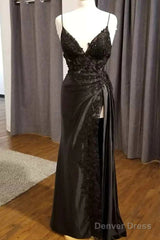 Black Satin With Lace V-Neckline With Leg Slit Prom Dress, Black Prom Dress