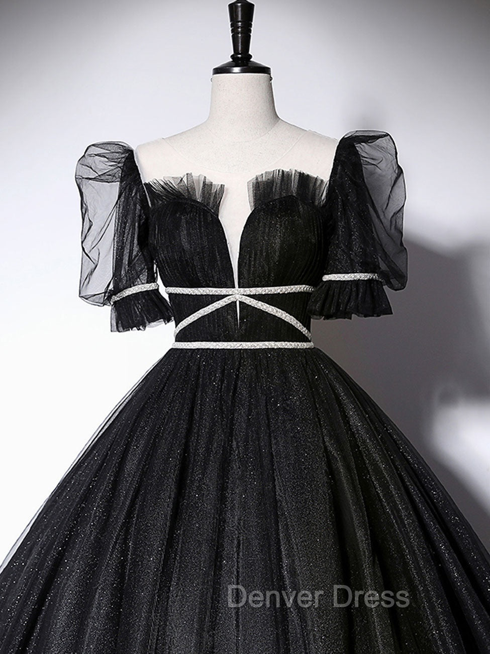 Black Scoop Neckline Long Prom Dresses, Shiny Tulle Black Evening Dresses Secondary image