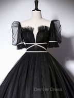 Black Scoop Neckline Long Prom Dresses, Shiny Tulle Black Evening Dresses