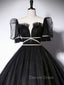 Black Scoop Neckline Long Prom Dresses, Shiny Tulle Black Evening Dresses