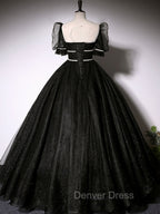 Black Scoop Neckline Long Prom Dresses, Shiny Tulle Black Evening Dresses