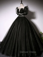 Black Scoop Neckline Long Prom Dress, Shiny Tulle Black Prom Dresses