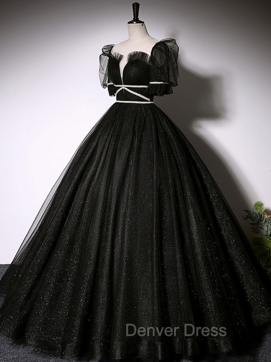 Black Scoop Neckline Long Prom Dress, Shiny Tulle Black Prom Dresses