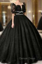 Black Scoop Neckline Long Prom Dresses, Shiny Tulle Black Evening Dresses