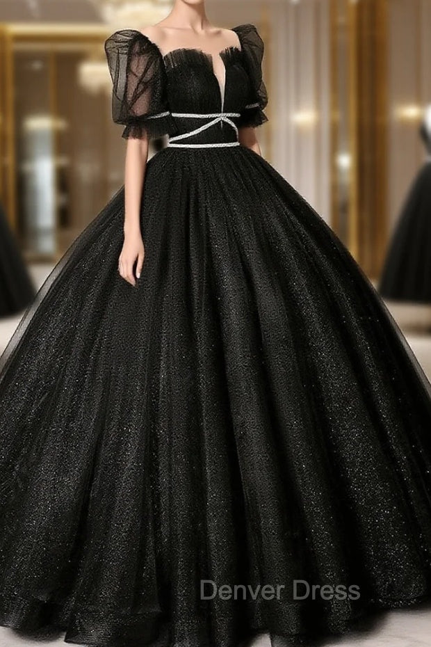 Black Scoop Neckline Long Prom Dresses, Shiny Tulle Black Evening Dresses