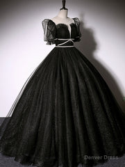 Black Scoop Neckline Long Prom Dress, Shiny Tulle Black Evening Dress