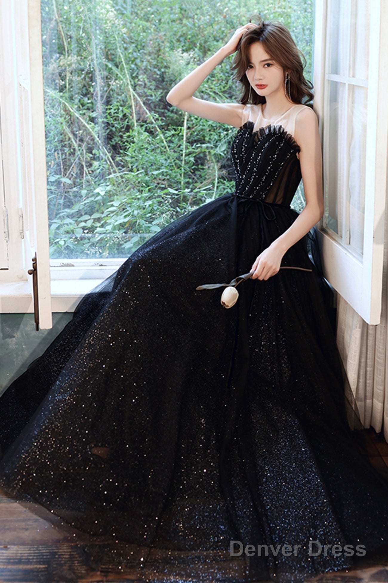 Black Scoop Neckline Tulle Long Prom Dress, A-Line Evening Party Dress