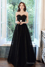 Black Scoop Neckline Tulle Long Prom Dress, A-Line Evening Party Dress
