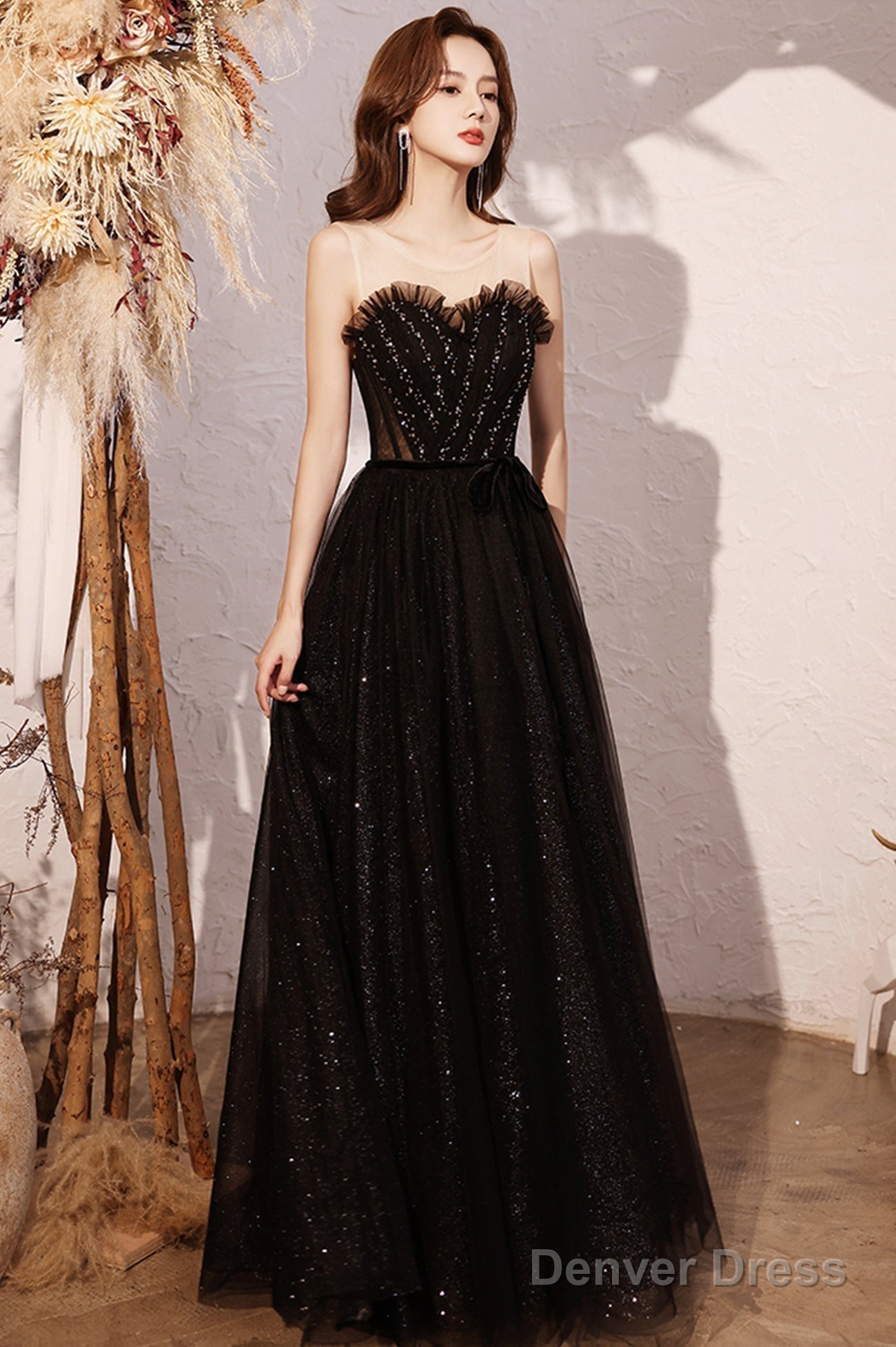 Black Scoop Neckline Tulle Long Prom Dress, A-Line Evening Party Dress Main image