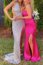 Black Sequin Fringe Halter Long Prom Dresses With Slit