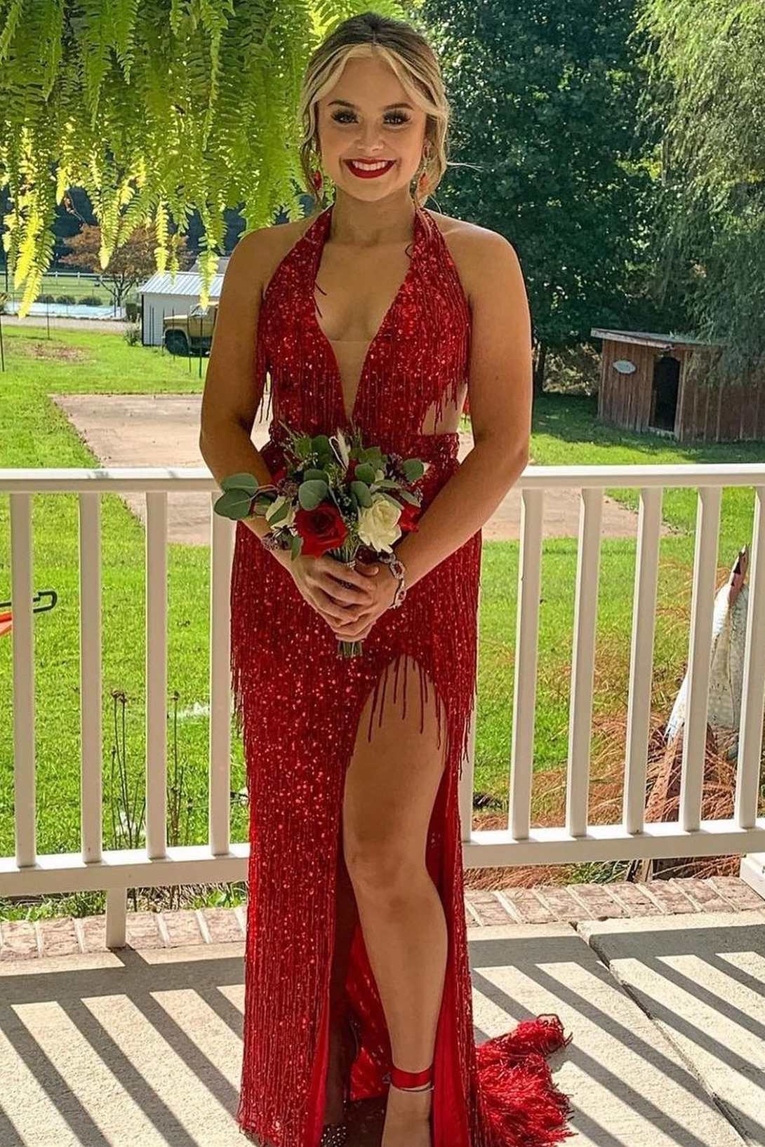 Black Sequin Fringe Halter Long Prom Dresses With Slit Secondary image