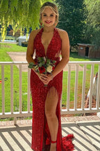 Black Sequin Fringe Halter Long Prom Dresses With Slit