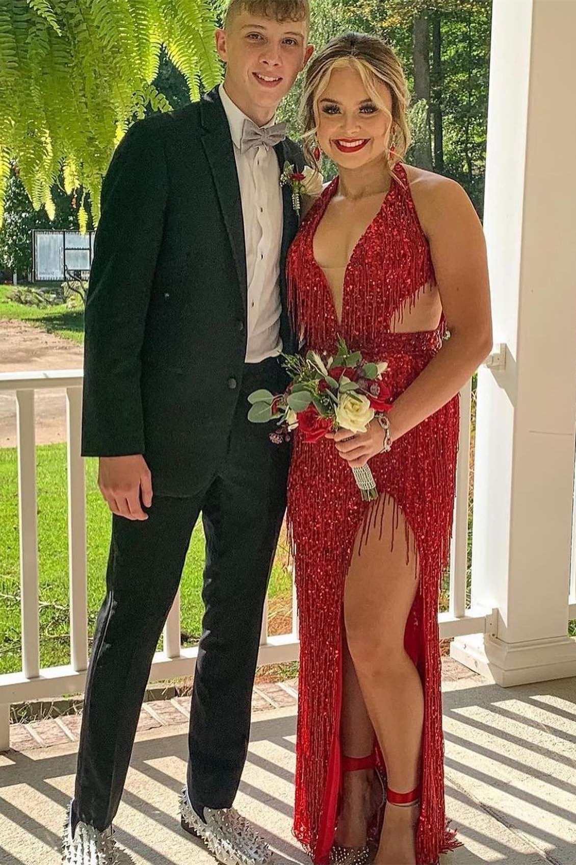 Black Sequin Fringe Halter Long Prom Dresses With Slit