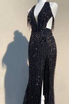 Black Sequin Fringe Halter Long Prom Dresses With Slit