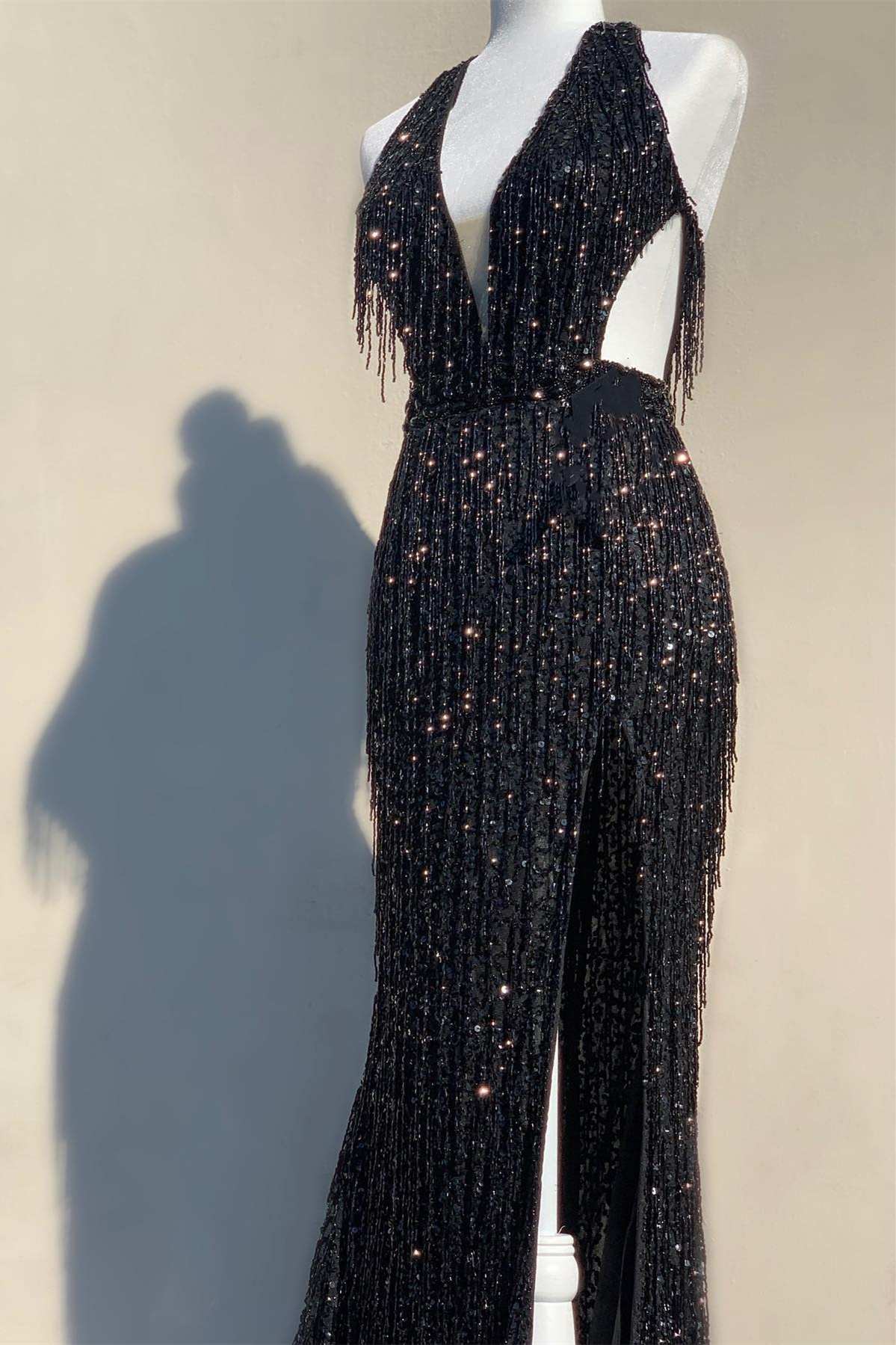 Black Sequin Fringe Halter Long Prom Dresses With Slit