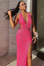 Black Sequin Fringe Halter Long Prom Dresses With Slit
