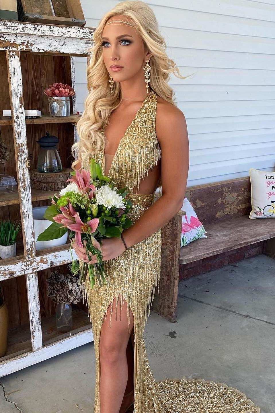 Black Sequin Fringe Halter Long Prom Dresses With Slit Main image