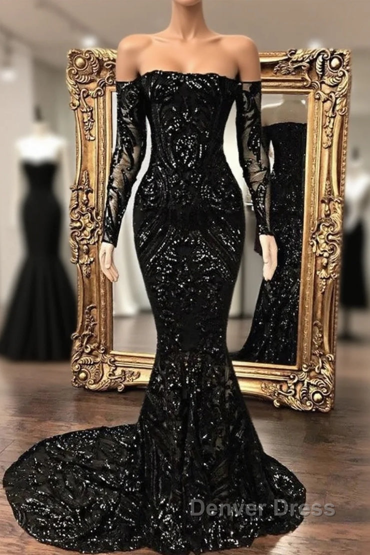 Black Sequin Long Sleeve Mermaid Prom Dresses