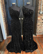 Black Sequin One Shoulder Slit Dress