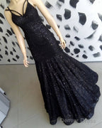 Black Sequin Pattern Prom Dresses Mermaid V-Neck