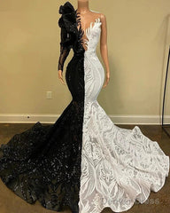 Black Sequin Trumpet Mermaid Long Sleeve Prom Dress