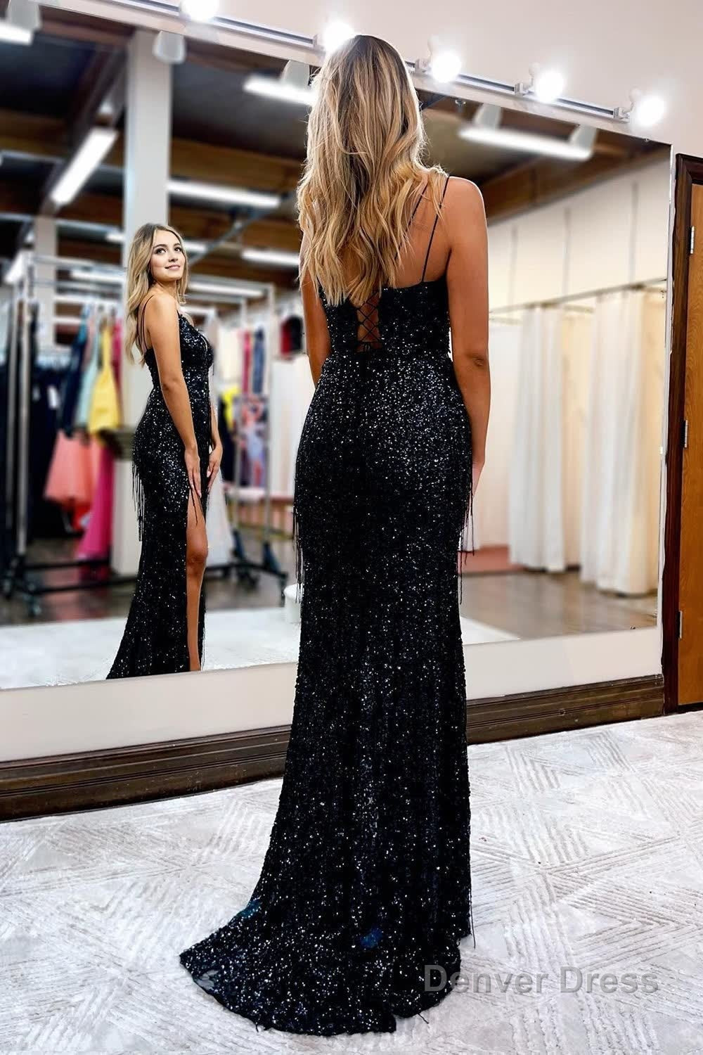 Black Sequined Spaghetti Straps Prom Dresses
