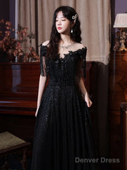 Black Sequins And Lace A-Line Prom Dress, Black Formal Dress Party Dress