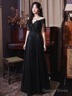 Black Sequins And Lace A-Line Prom Dress, Black Formal Dress Party Dress