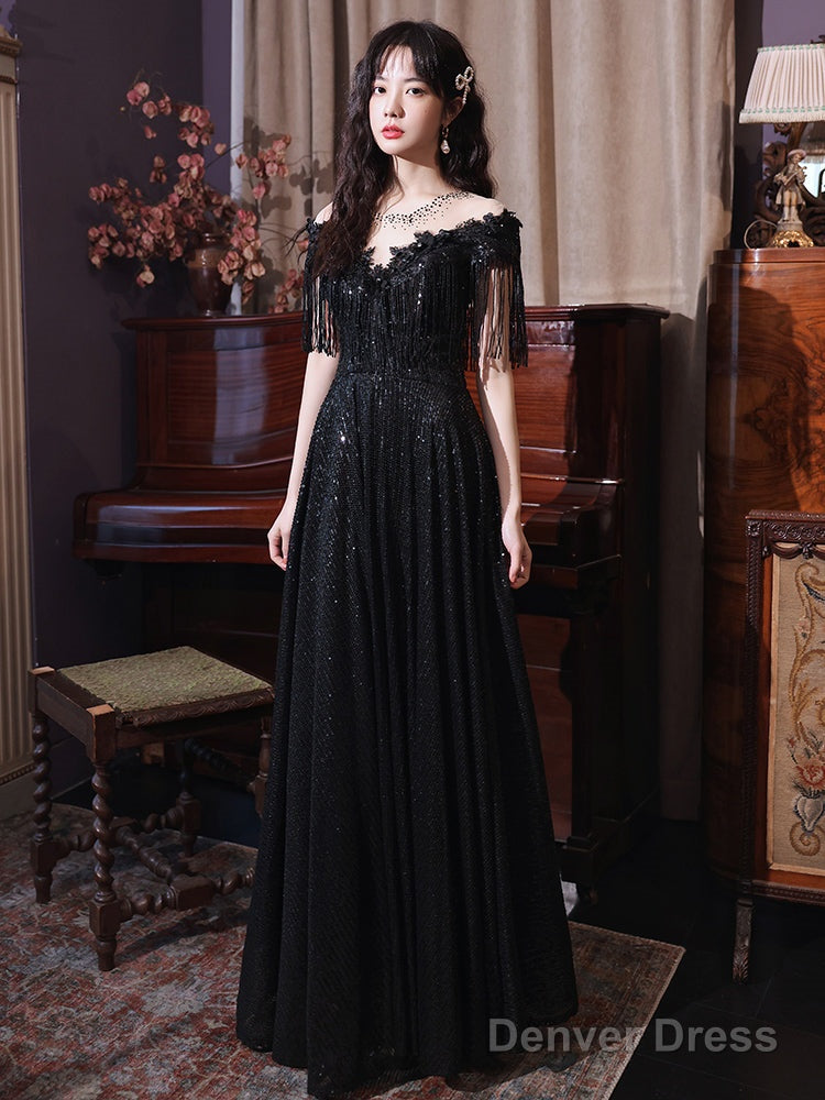 Black Sequins And Lace A-Line Prom Dress, Black Formal Dress Party Dress