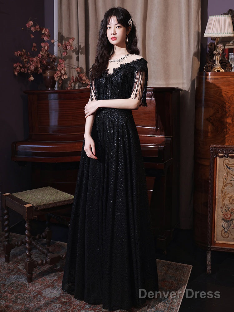 Black Sequins And Lace A-Line Prom Dress, Black Formal Dress Party Dress