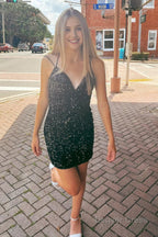 Black Sequins Lace Up Back Homecoming Dresses