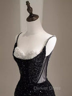 Black Sequins Mermaid Straps Beaded Prom Dresses, Black Sequins Party Dresses