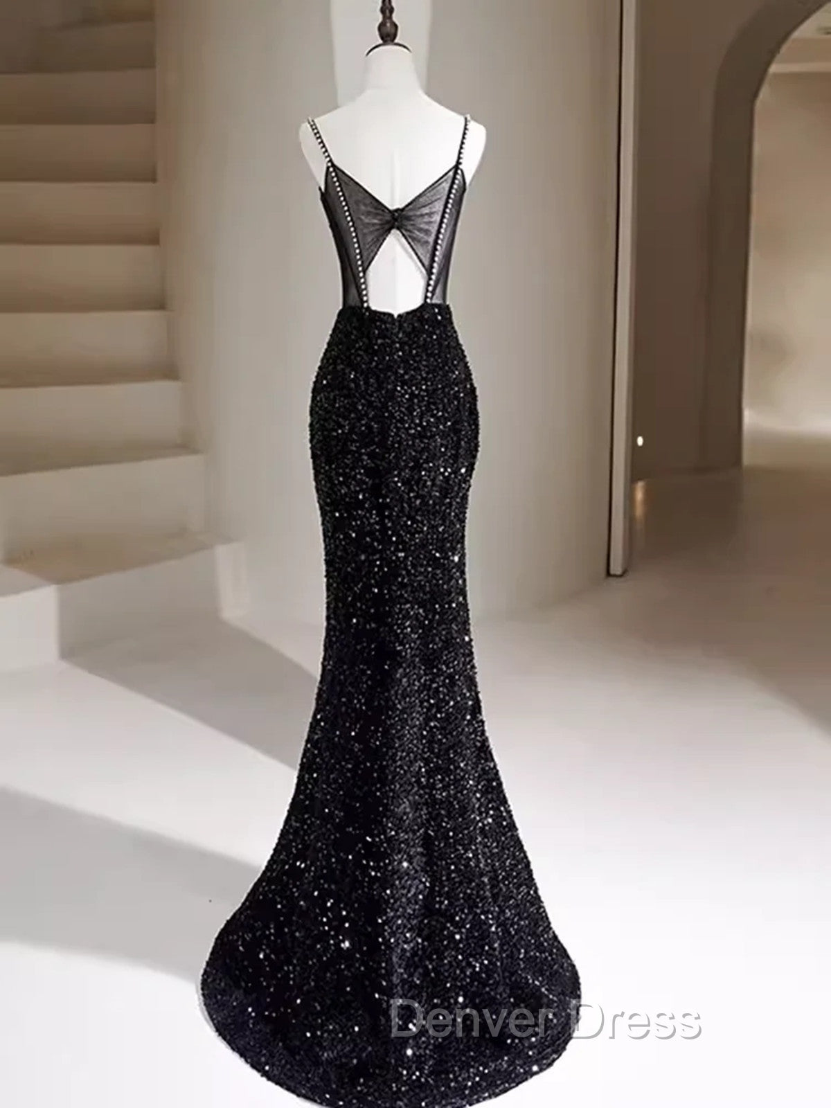 Black Sequins Mermaid Straps Beaded Prom Dresses, Black Sequins Party Dresses