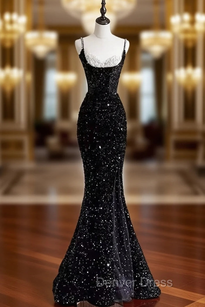Black Sequins Mermaid Straps Beaded Prom Dresses, Black Sequins Party Dresses Main image