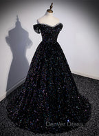 Black Sequins Off Shoulder Beaded Party Dresses, A-line Black Formal Dresses