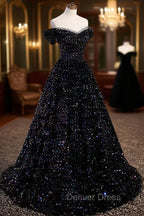 Black Sequins Off Shoulder Beaded Prom Dress, A Line Black Prom Dresses