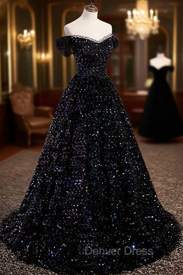 Black Sequins Off Shoulder Beaded Prom Dress, A Line Black Prom Dresses