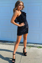 Black Sequins One Shoulder Homecoming Dresses
