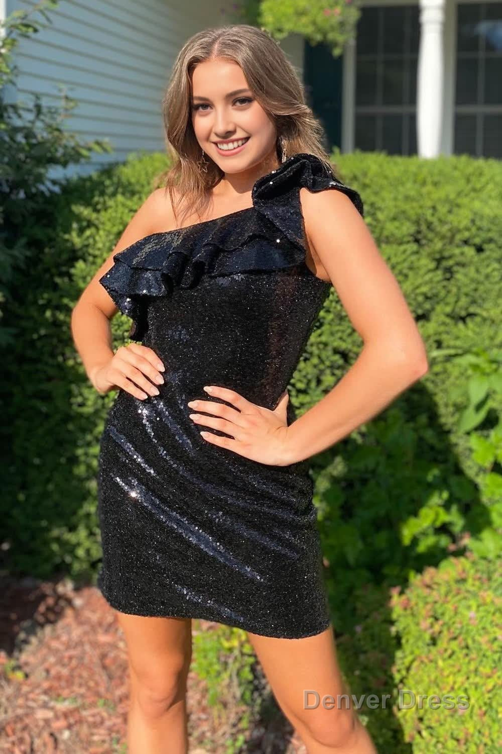 black sequins one shoulder homecoming dress