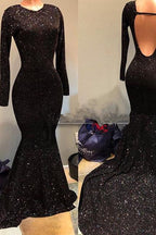 Black Sequins Prom Party Gowns| Long Sleeves Evening Gowns On Sale