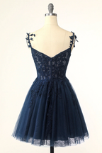 Navy Blue Spaghetti Straps Short Homecoming Dresses With Appliques