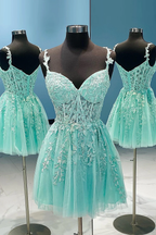 Navy Blue Spaghetti Straps Short Homecoming Dresses With Appliques