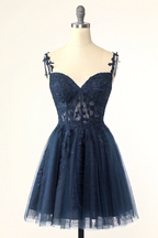 Navy Blue Spaghetti Straps Short Homecoming Dresses With Appliques