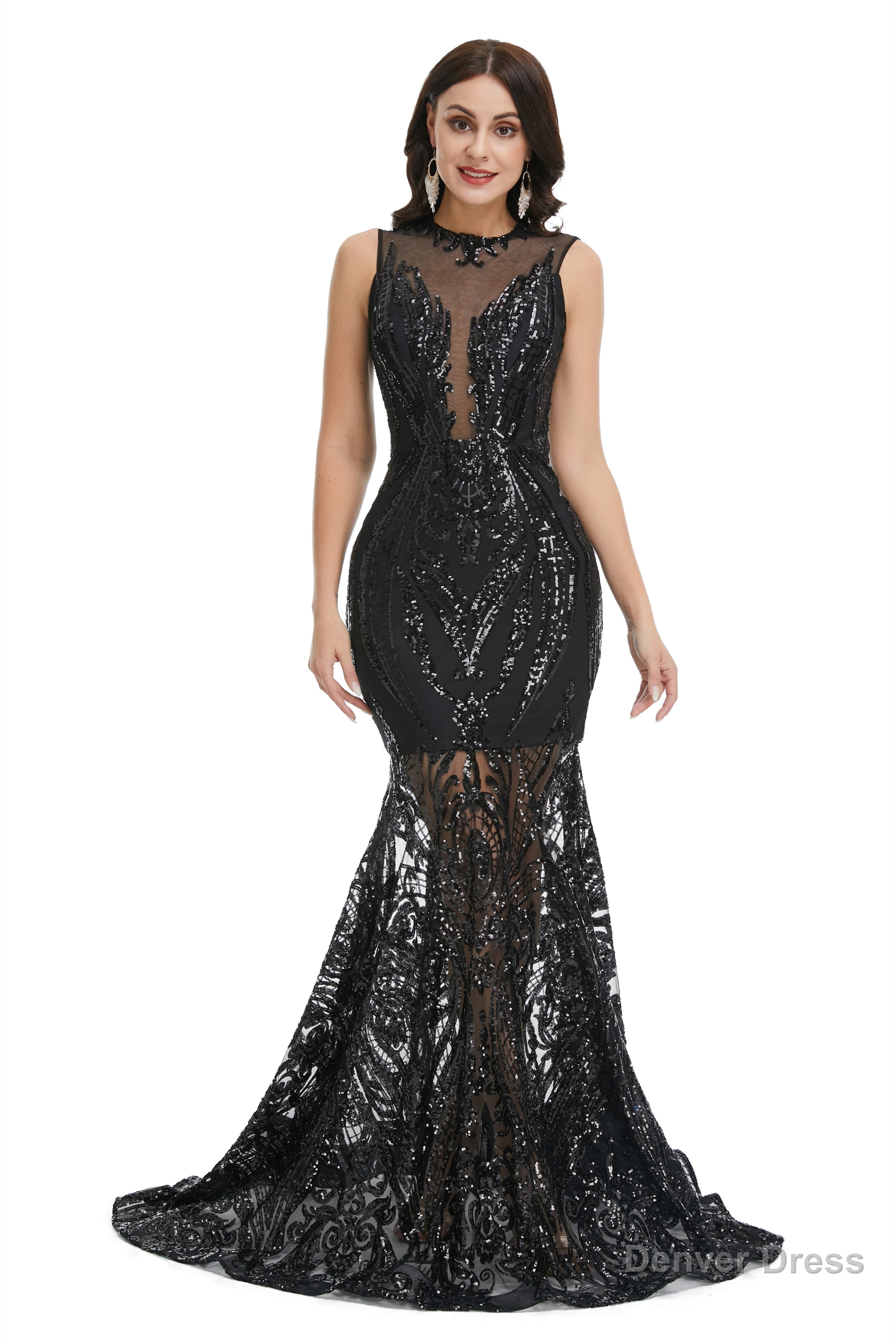 Sequins Sleeveless Floor Length Crew Neck Prom Dresses