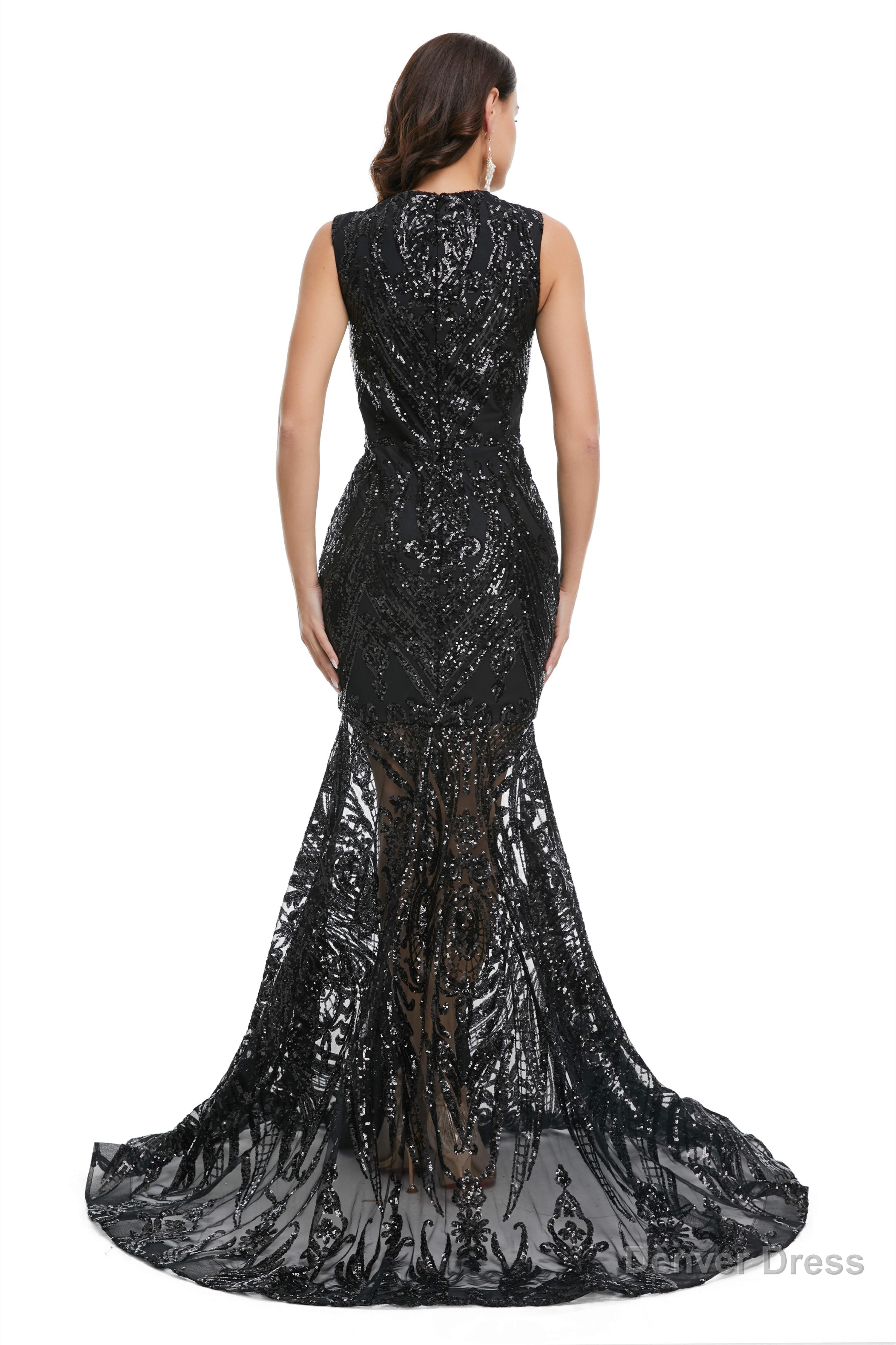 Sequins Sleeveless Floor Length Crew Neck Prom Dresses