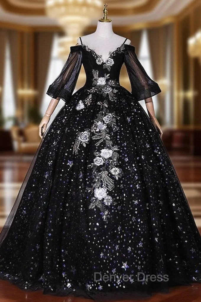 Black Sequins Straps Short Sleeve Quinceanera Dresses Main image