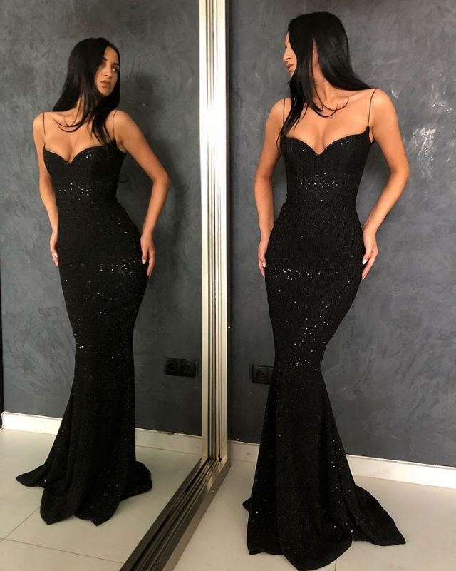 Black Sheath Open Back Spaghetti Straps Equins Prom Dresses Secondary image