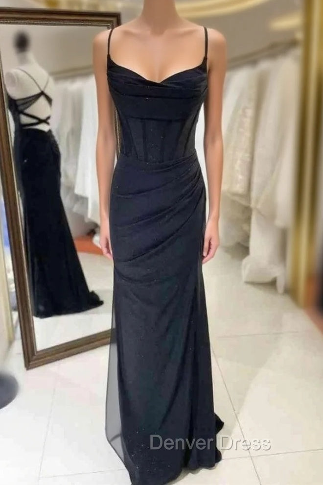 Black Sheath Spaghetti Straps Pleats Prom Dresses Main image