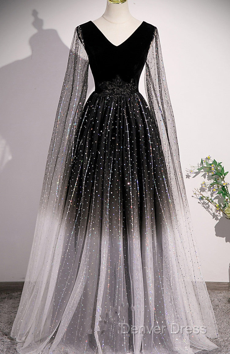 Black Shiny Tulle Gradient Tulle V-Neckline Party Dresses, Black Tulle Prom Dresses